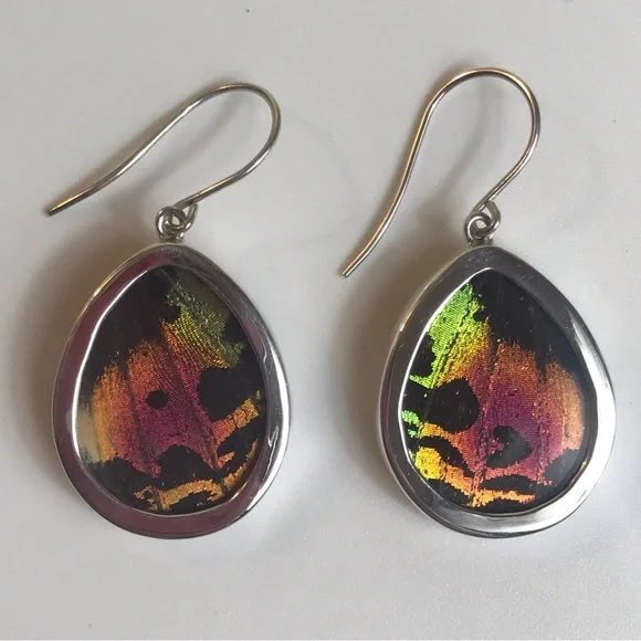 Real Butterfly Wing Earrings Sterling Silver Handmade Jewelry Oval Teardrop - Picture 6 of 9